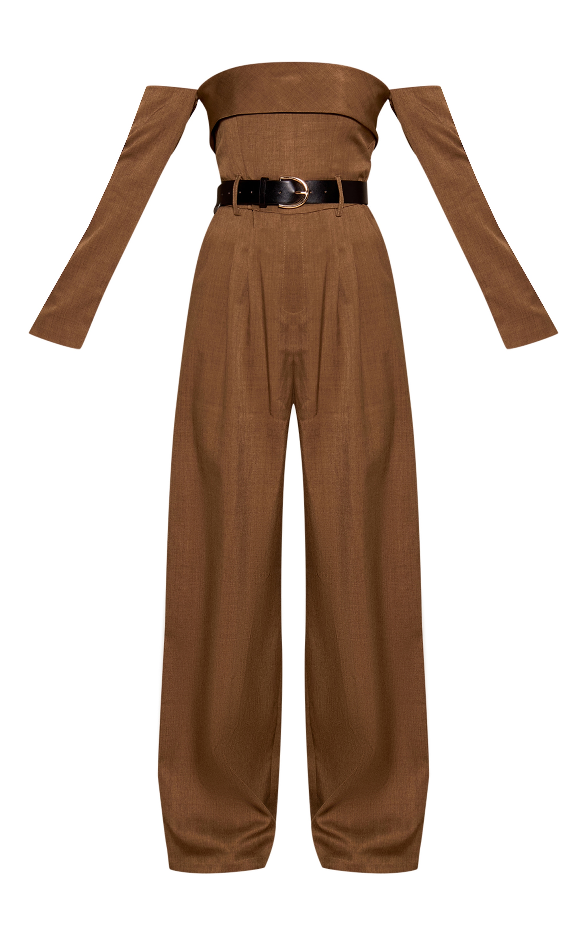 Khaki Woven Bardot Long Sleeve Belt Detail Jumpsuit image 5