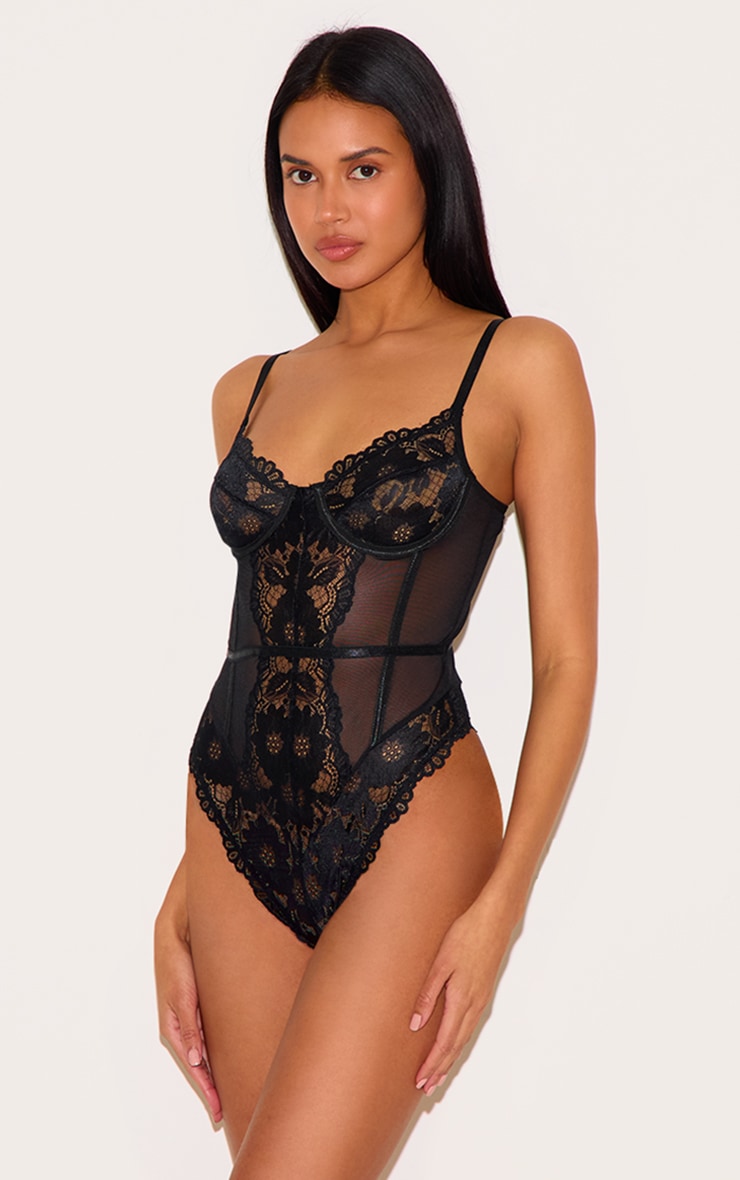 Body en dentelle noire à armatures et détail liserés image 2