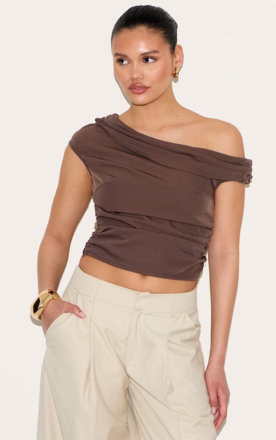 Brown Asymmetric Ruched Top