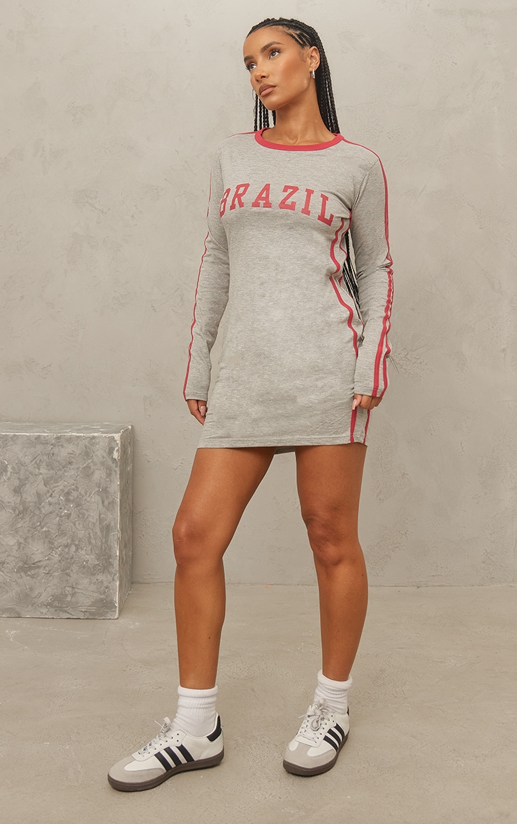 Grey Marl Brazil Graphic Contrast Long Sleeve Bodycon Dress image 2