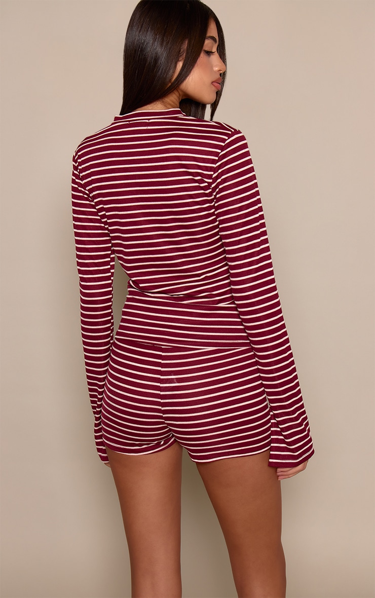 Burgundy Stripe Ribbed Hotpants image 3