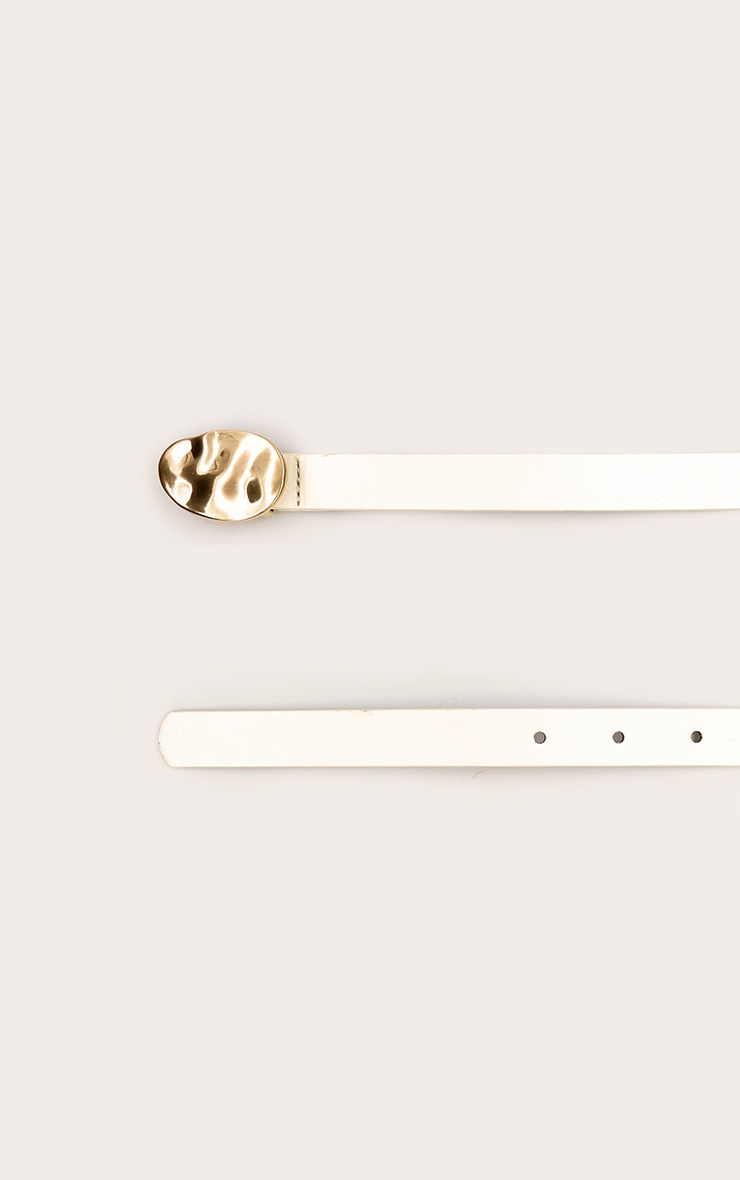 Cream PU Hammered Gold Buckle Skinny Belt image 3
