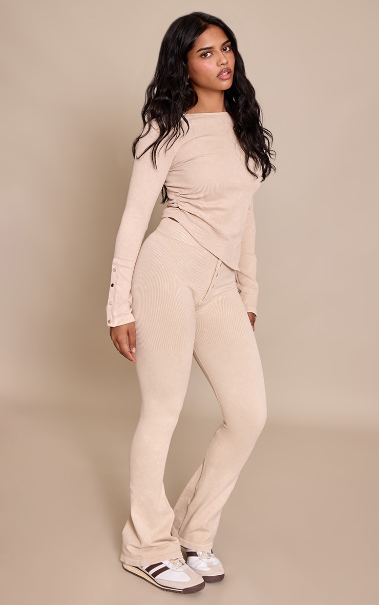Petite Cream Snatched Rib Long Sleeve Popper Detail Open Back Top image 3