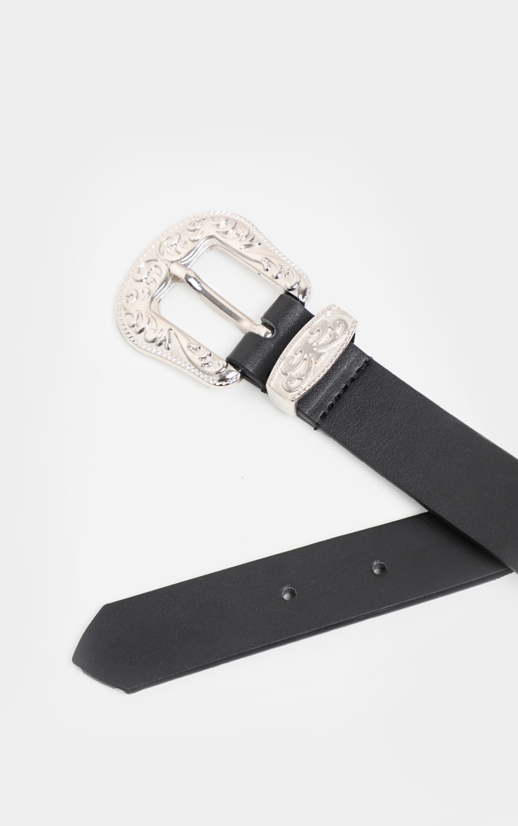 Black Ornate Buckle Skinny Waist Belt image 3