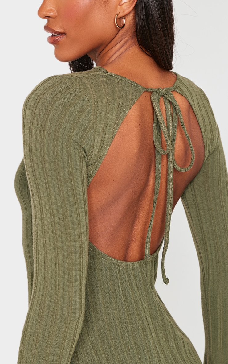 Khaki Rib Tie Cut Out Back Bodycon Dress image 4