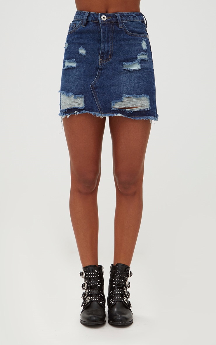Dark Wash Distressed Rip Denim Mini Skirt PrettyLittleThing