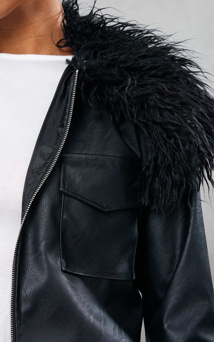 Black Faux Leather Faux Mongolian Fur Jacket image 2