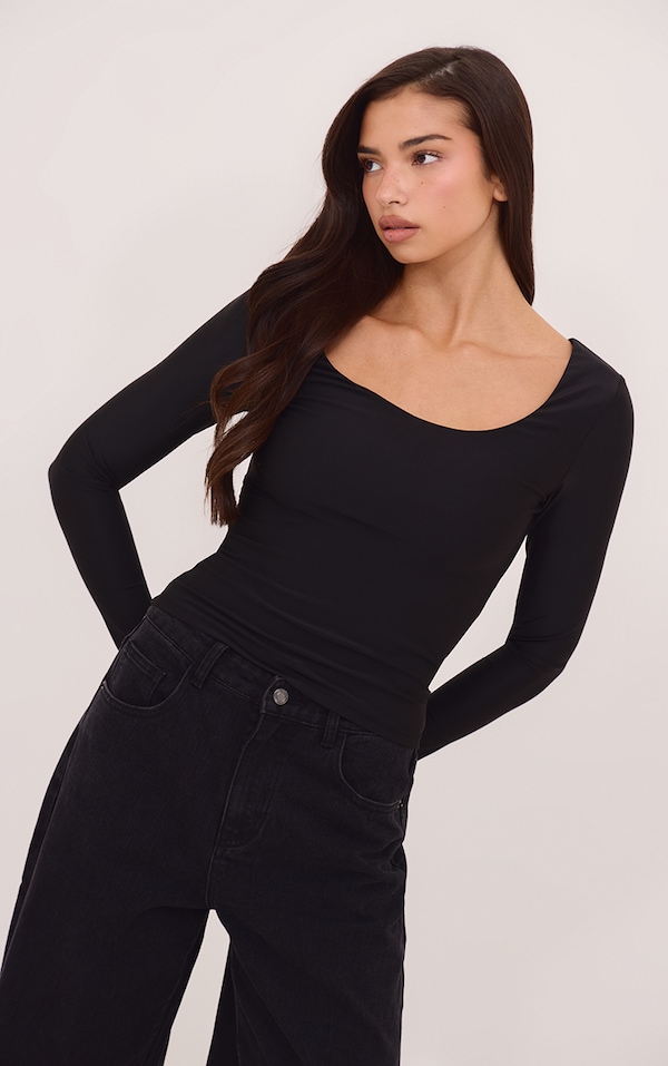 Coal Polyamide Scoop Neck Long Sleeve Top 