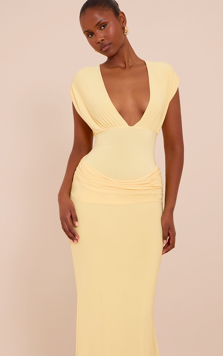 Robe longue doublée jaune citron décolletée à épaules froncées et partie superposée drapée sur la taille image 4