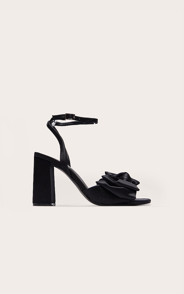 Wide Fit Black Satin Round Toe Bow Block Heeled Sandals