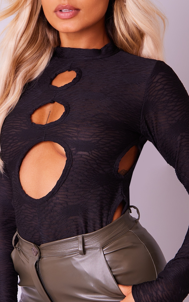 Petite Black Burnout Cut Out Long Sleeve Bodysuit image 4