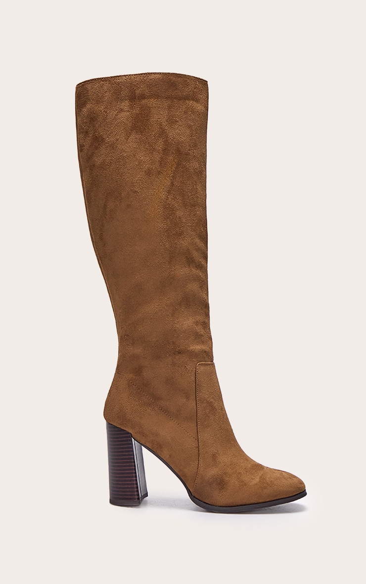 Tan Faux Suede Round Toe High Block Heel Knee High Boots image 1