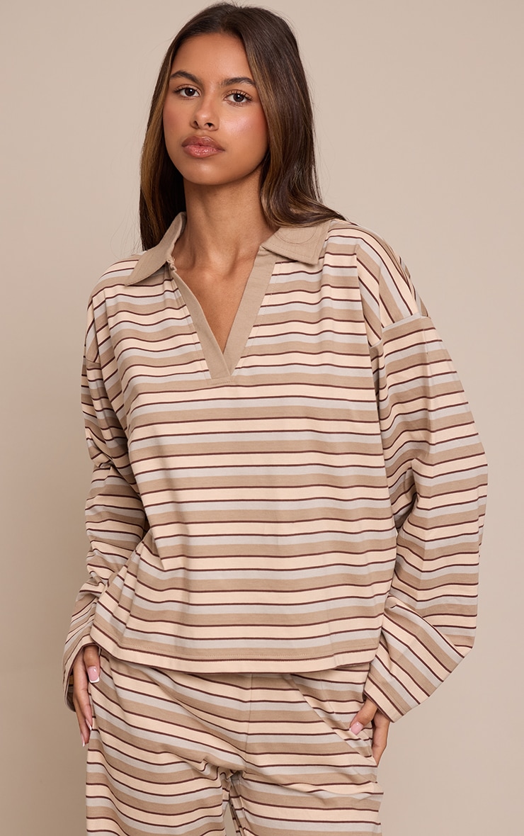 Petite Beige Striped Collared V Neck Top image 1