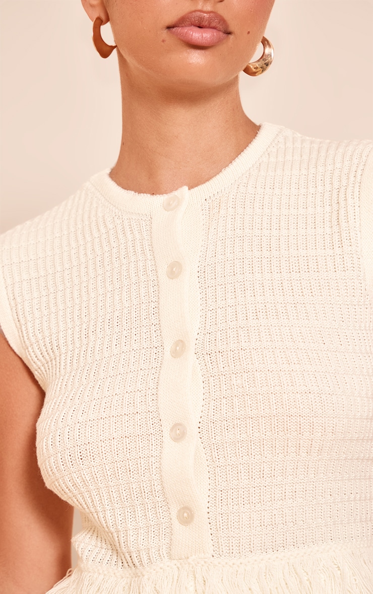 Cream Button Up Fringe Detail Knitted Cardigan image 4