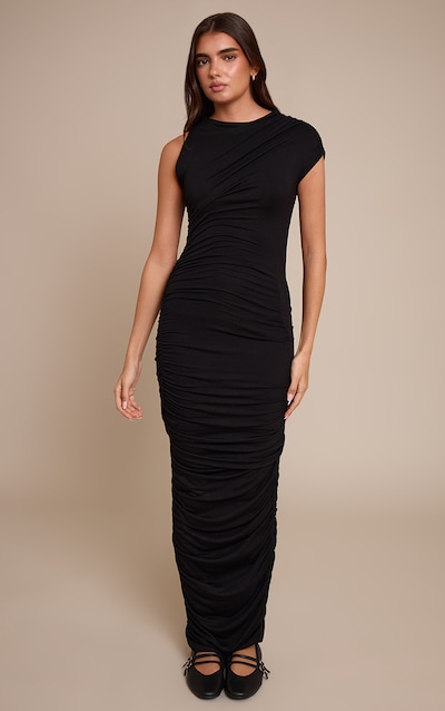 Robe longue asymétrique noire froncée sans manches