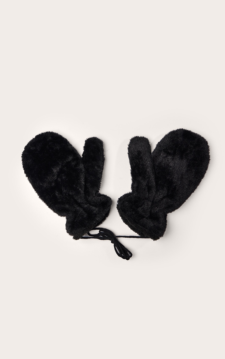 Black Soft Faux Fur Attached Mittens image 2