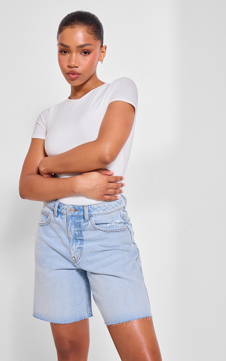 Light Blue Wash Raw Hem Longline Loose Fit Denim Shorts image 4