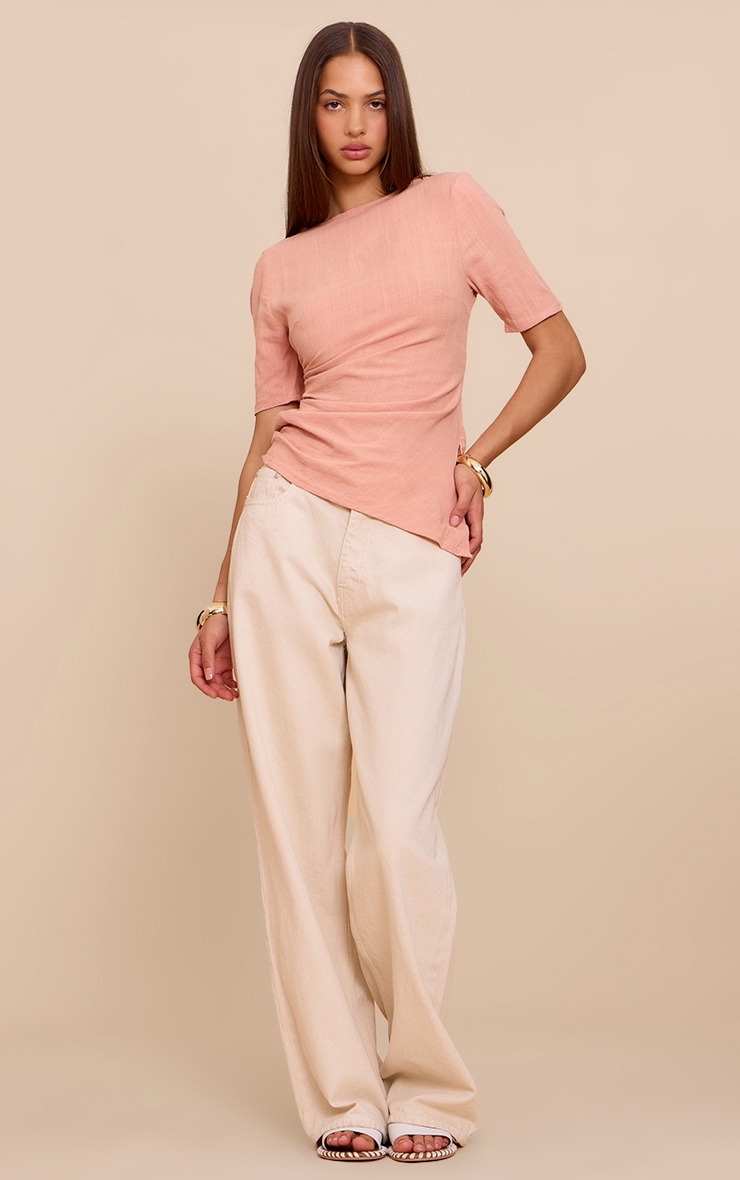 Peach Linen Look Ruched Side Detail T Shirt | Tops