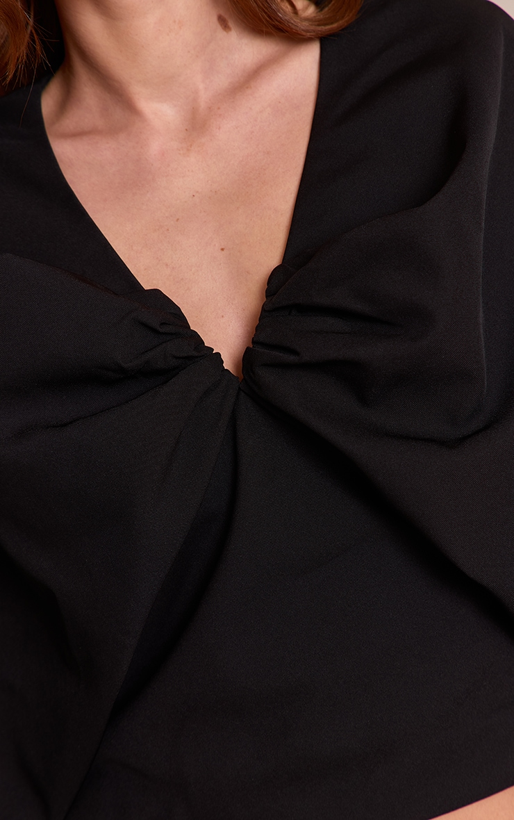Black Woven Ruched Plunge Long Sleeve Long Top image 4