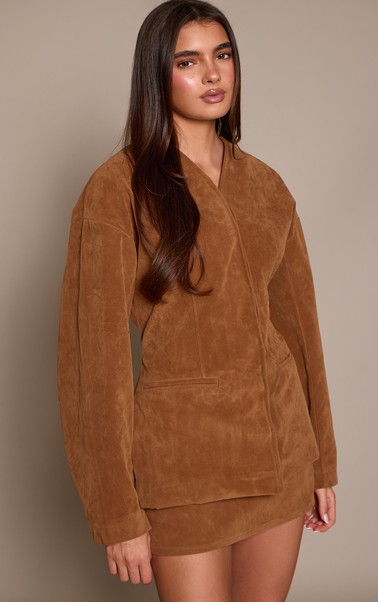 Deep Taupe Suede Collarless Cocoon Sleeve Blazer