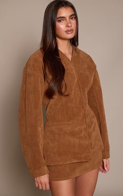 Deep Taupe Suede Collarless Cocoon Sleeve Blazer