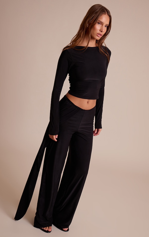 Black Double Layer Slinky Twist Drape Straight Leg Trousers