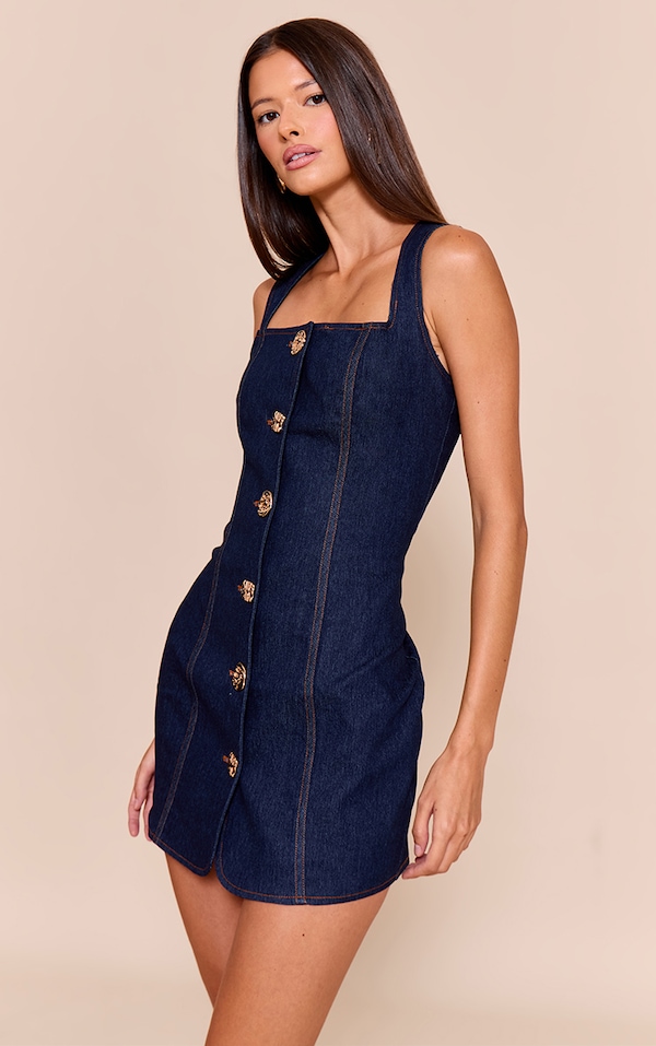 Indigo Blue Chambray Denim Gold Button Detail Square Neck Bodycon Dress