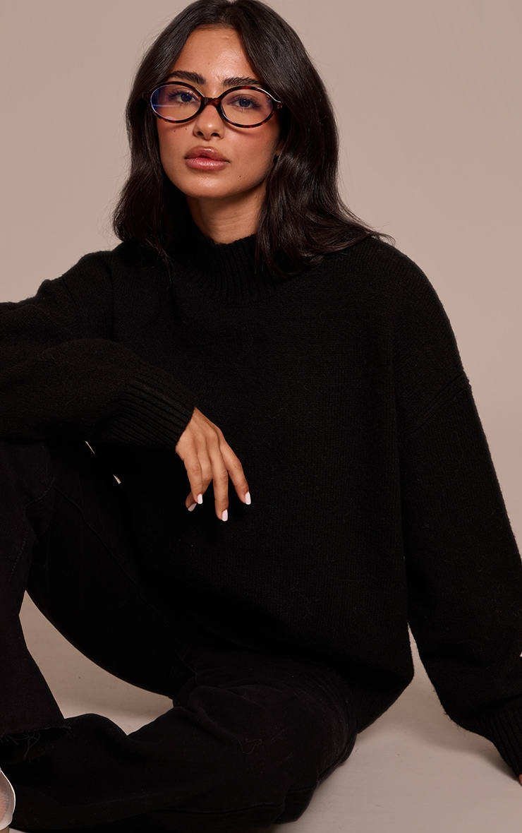 Petite Black Knit Oversized Polo Neck Sweater image 4