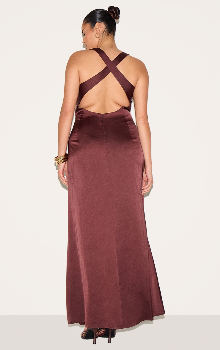 Plus Chocolate Satin Cross Back Midaxi Dress image 2