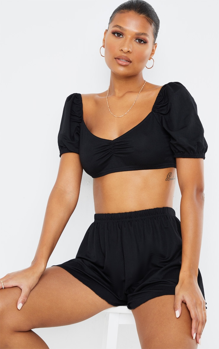Black Puff Sleeve Linen Look Floaty Cropped Beach Top