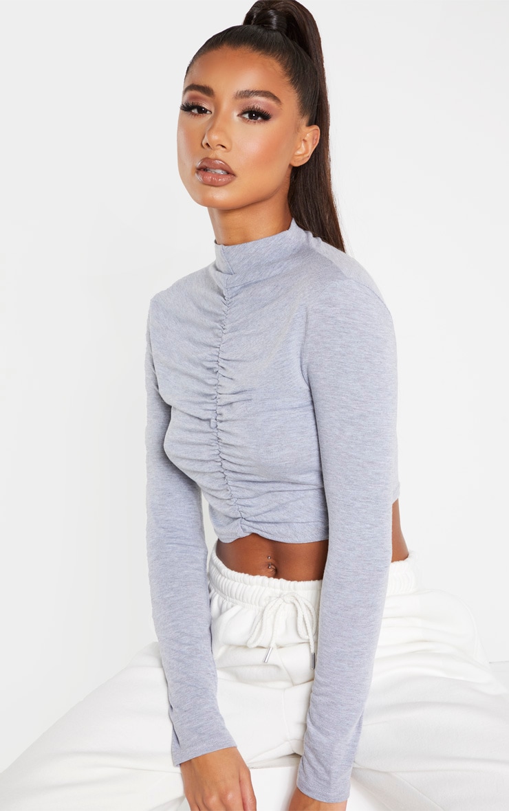 Crop top froncé à col montant en jersey gris