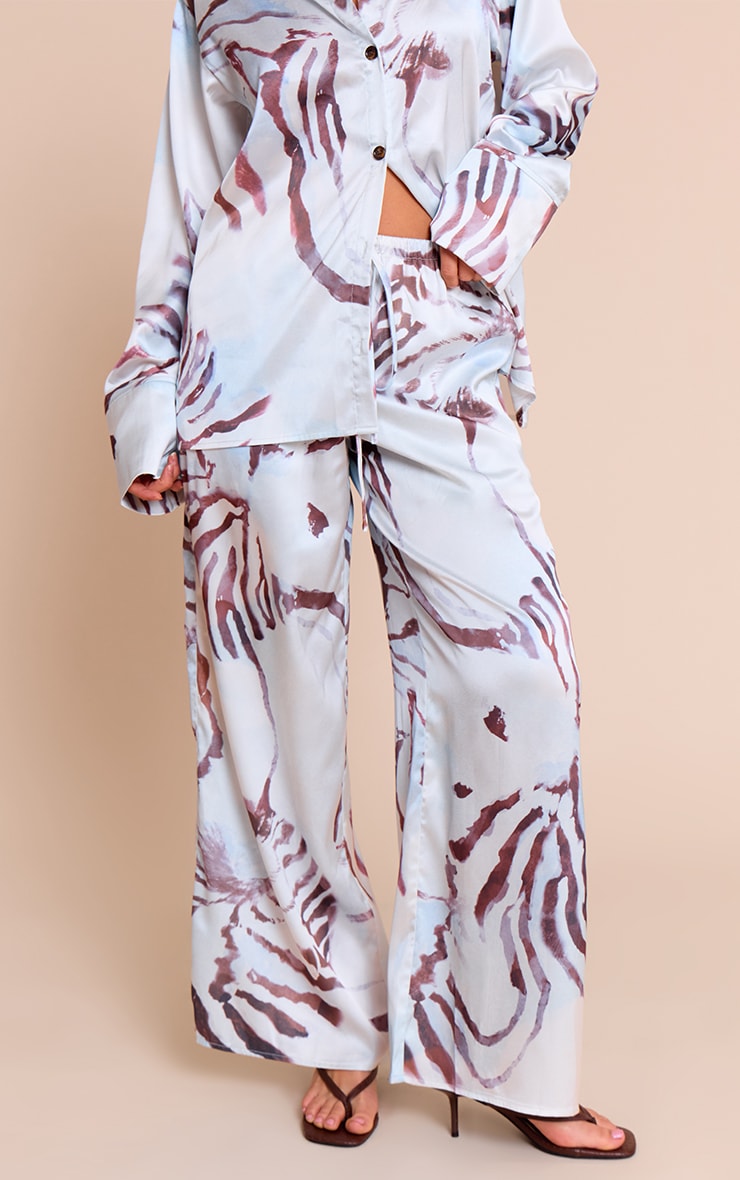 White Printed Satin Drawstring Wide Leg Pants image 2