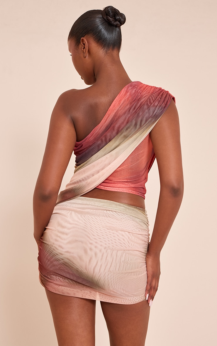 Multi Abstract Print Mesh One Shoulder Ruched Top image 2
