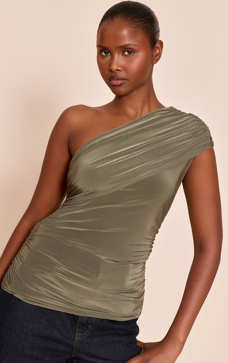  Olive Double Layer Slinky Overlay One Shoulder Top image 4