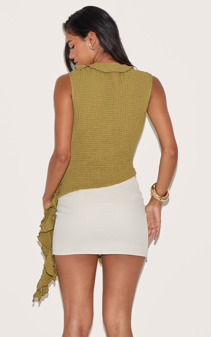 Olive Textured Ruffle Asymmetric Long Top image 2