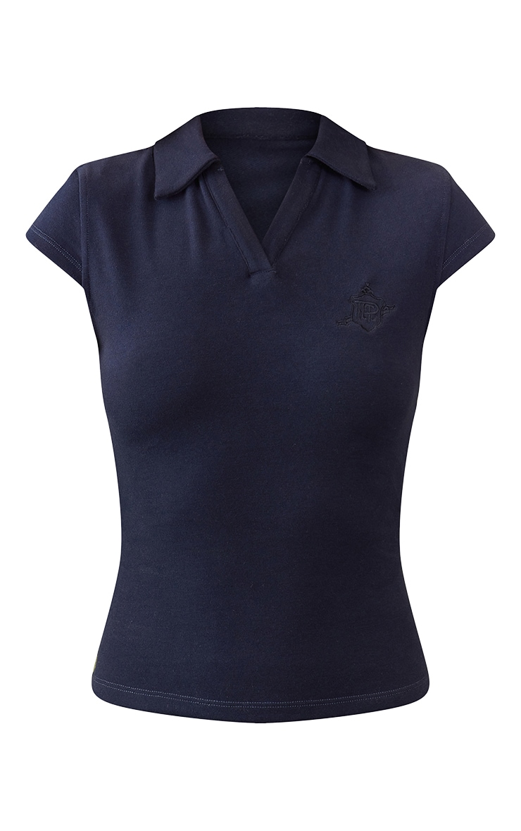Navy Embroidered Collared Cap Sleeve Top image 5