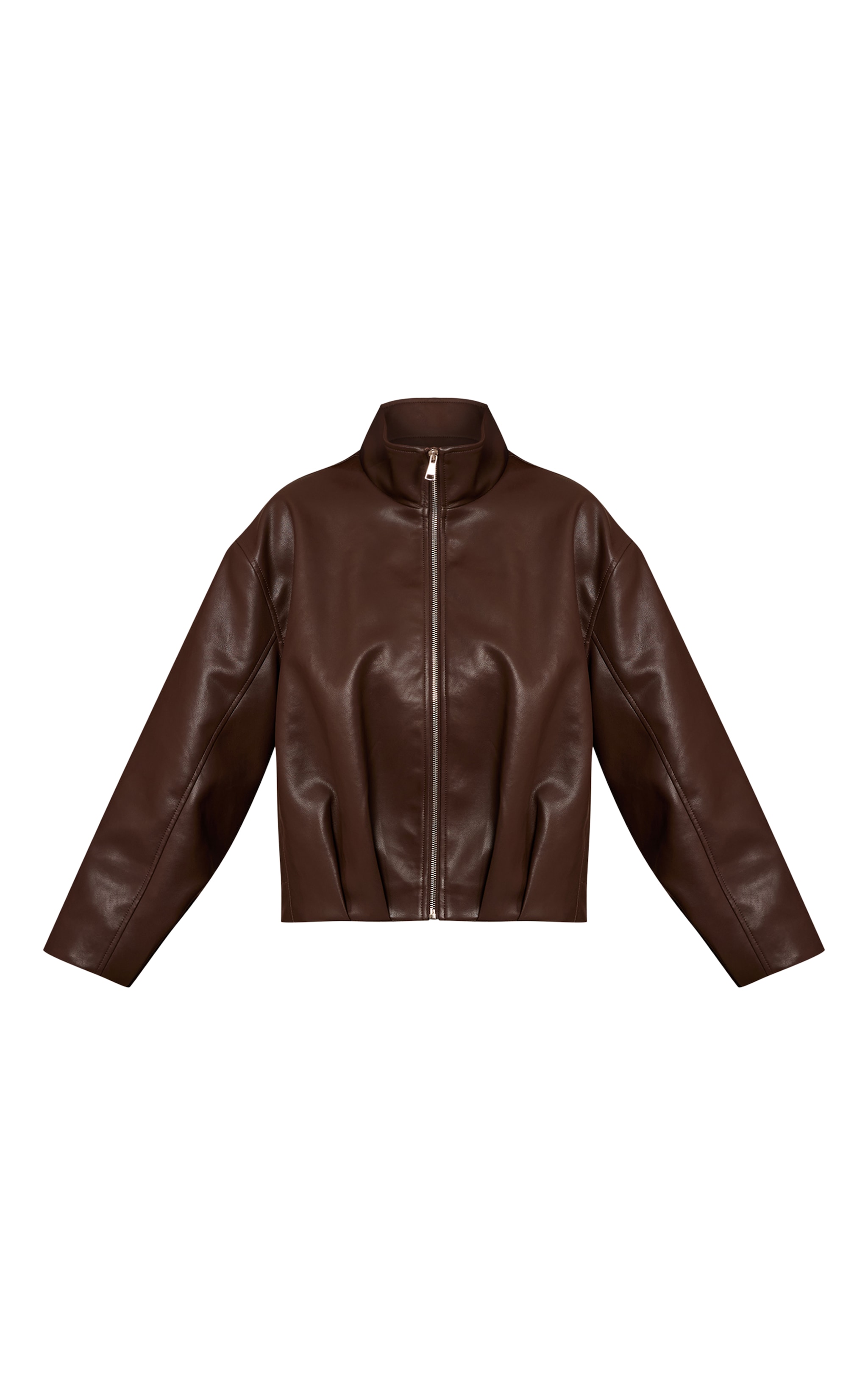 Chocolate Brown Faux Leather Funnel Neck Gathered Back Bomber Jacket  image 5