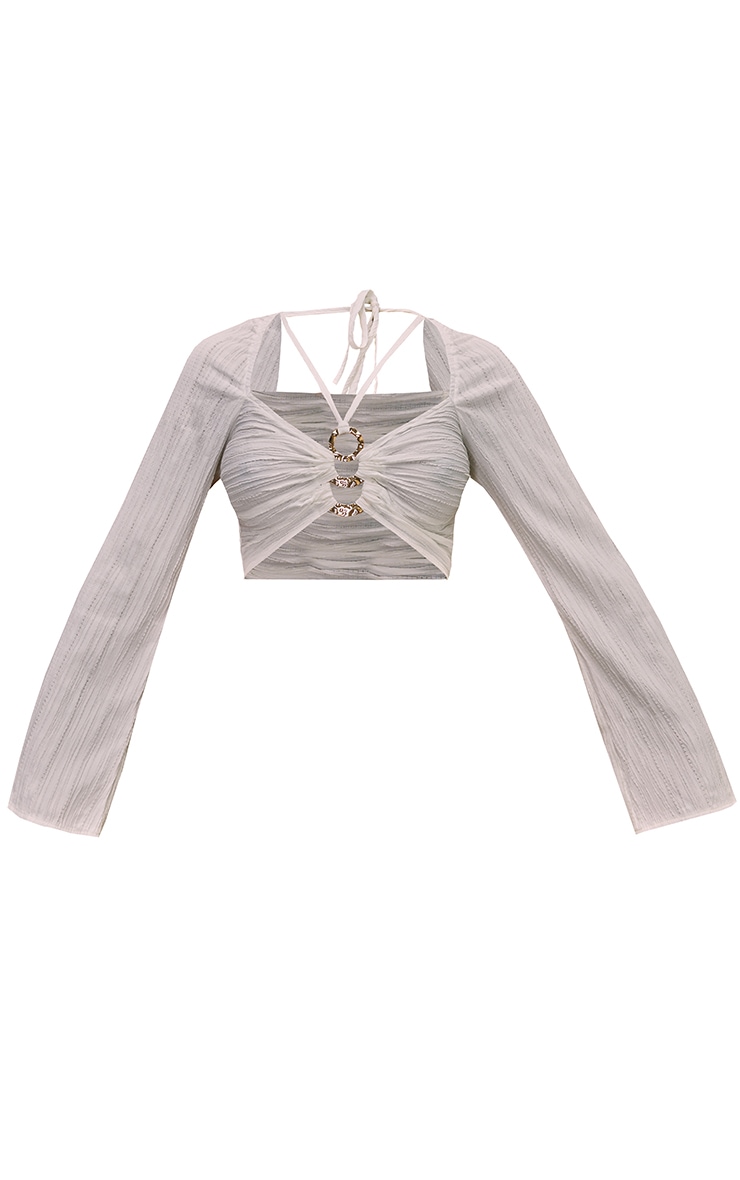 White Woven Pleated Triple Ring Detail Halter Crop Top image 5