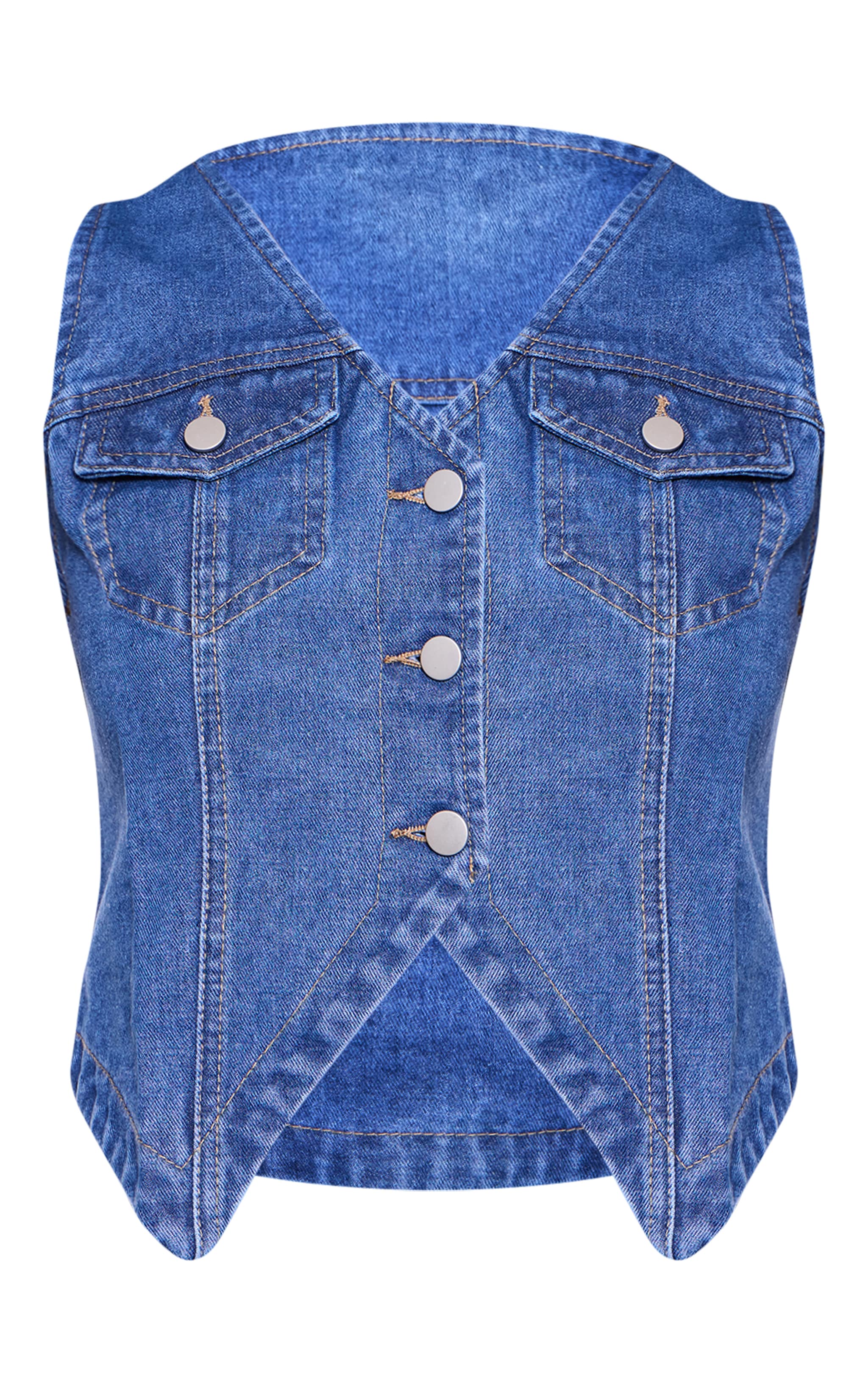 Indigo Blue Wash Halterneck Button Front Denim Vest image 5
