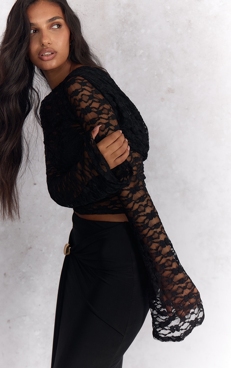 Black Textured Lace Cowl Back Flared Long Sleeve Top image 4