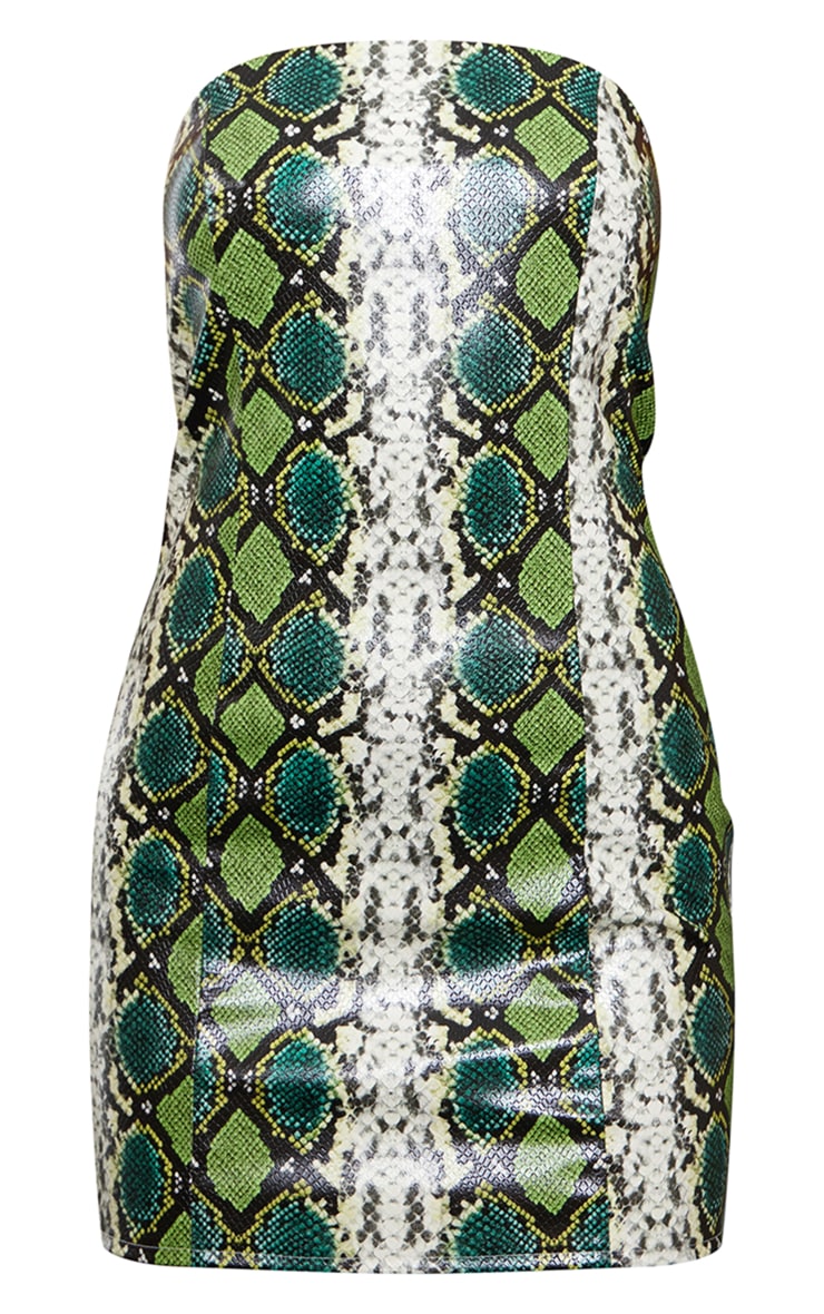 Green Snake Print PU Bandeau Bodycon Dress image 2