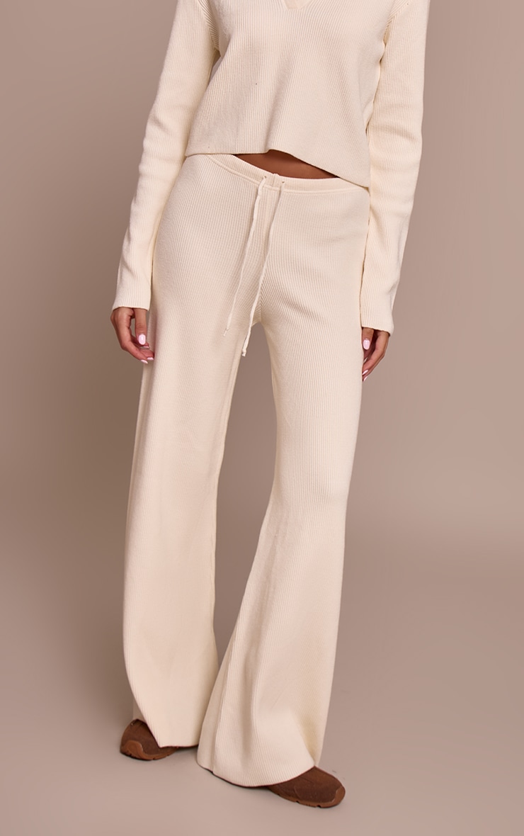 Cream Ribbed Wide Leg Knit Pants image 2