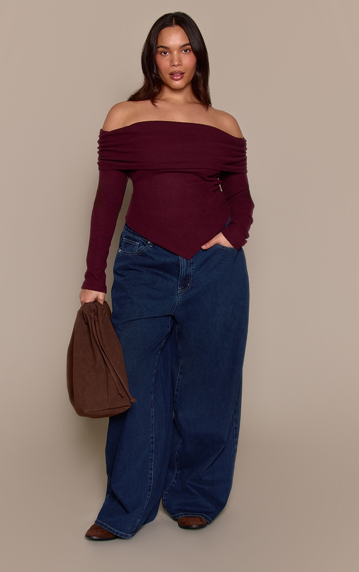 Plus Burgundy Soft Touch Rib Off The Shoulder Long Sleeve Top image 3