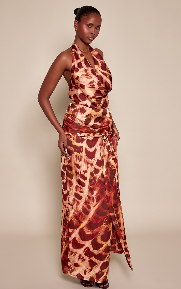 Brown Snake Cowl Neck Tie Front Maxi Dress image 3