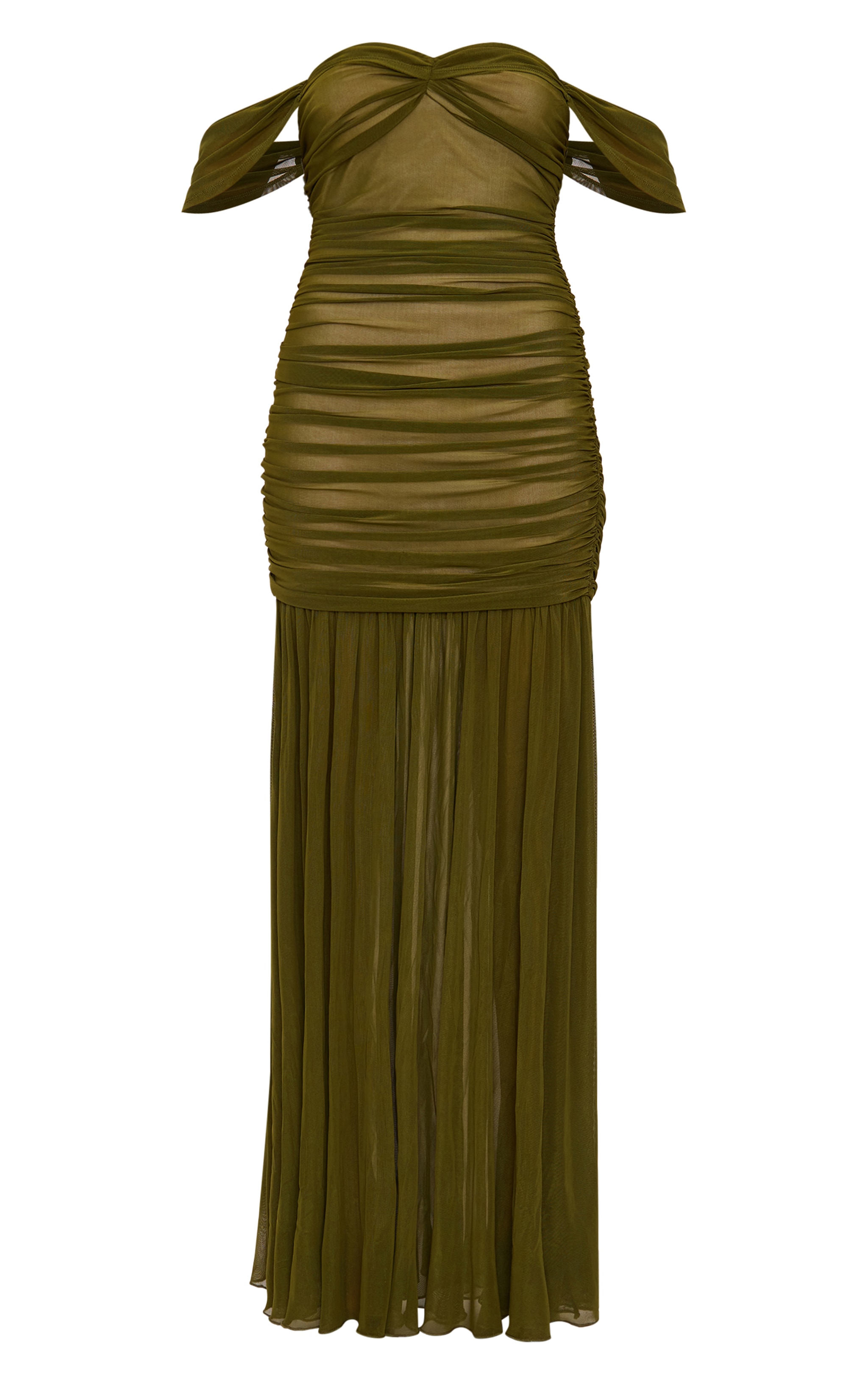 Robe longue en mesh vert olive froncée à col bardot image 5