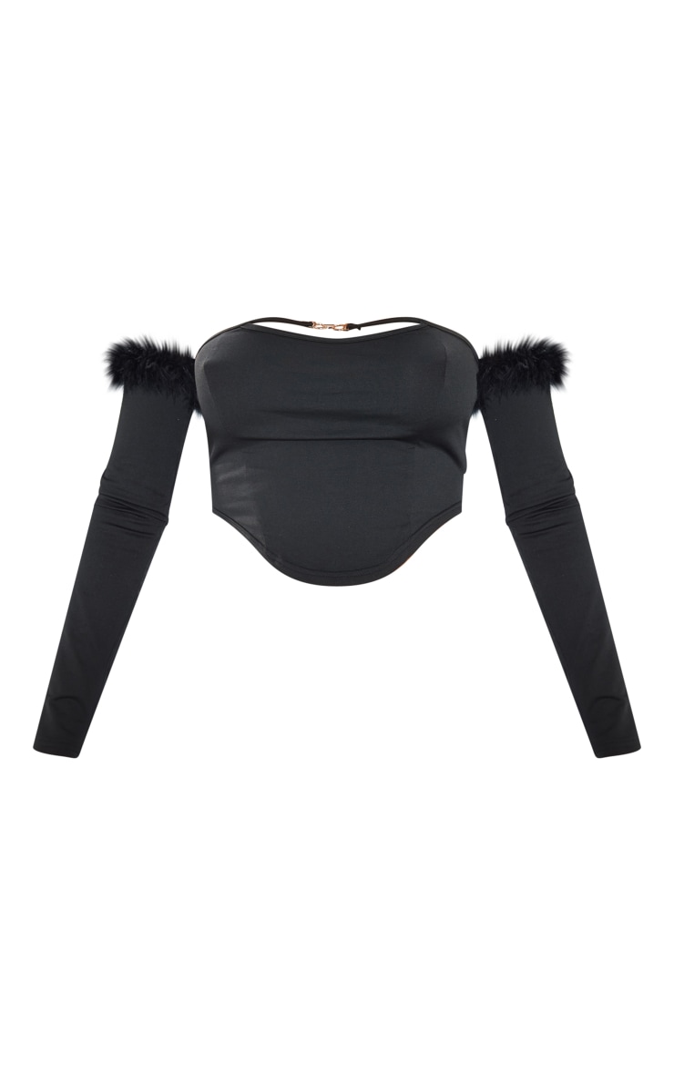 Black Bardot Long Sleeve Feather Trim Crop Top PrettyLittleThing