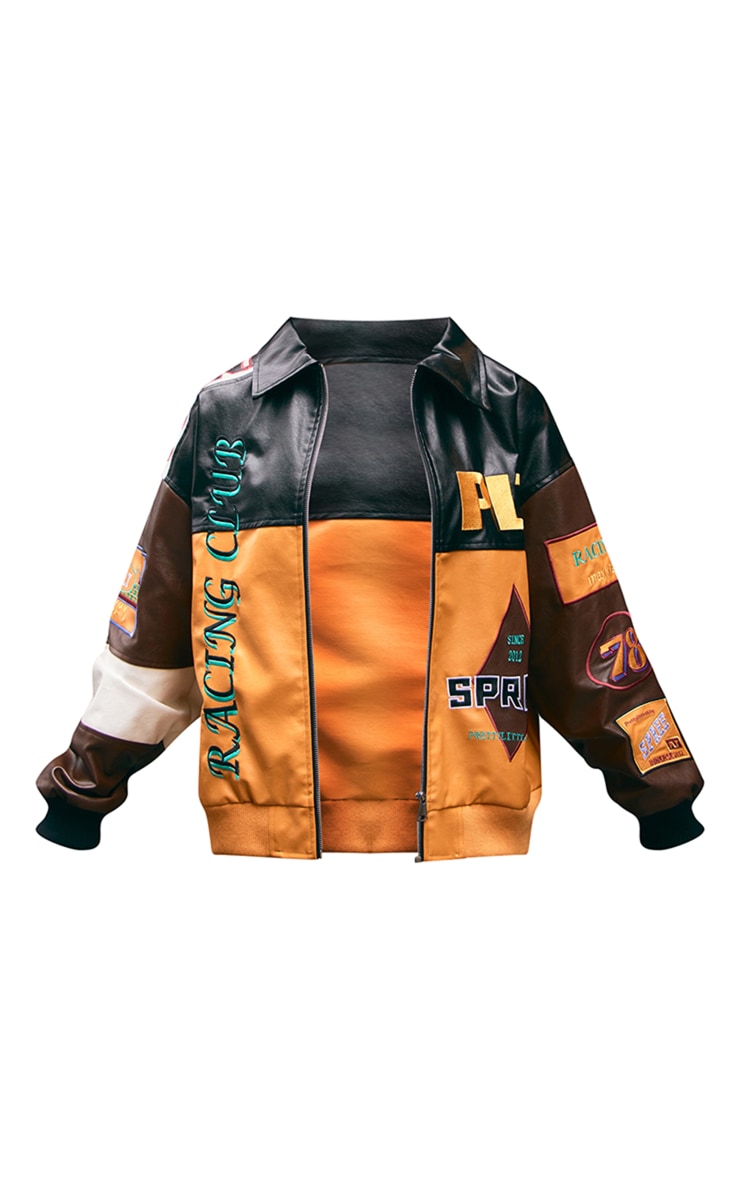  Mustard Faux Leather Graphics Oversized Racer Jacket image 5