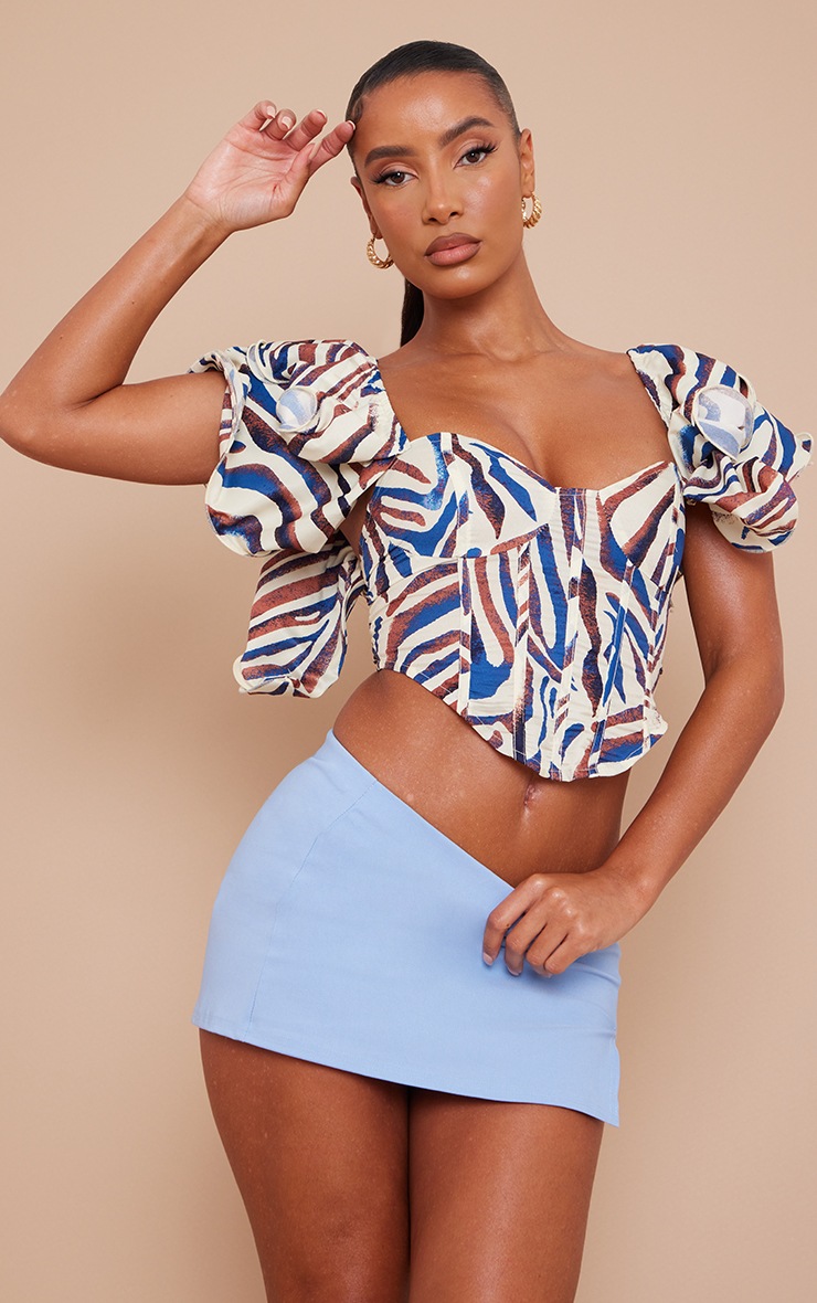 Blue Zebra Printed Woven Curved Hem Crop Top