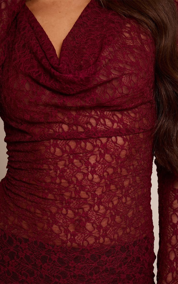 Plum Sheer Lace Cowl Neck Long Sleeve Top  image 4