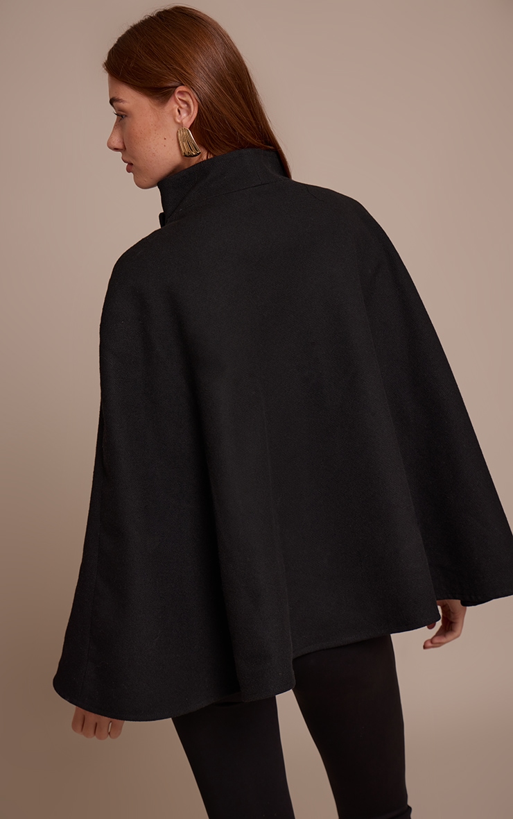 Black Wool Look Funnel Neck Wrap Coat image 2